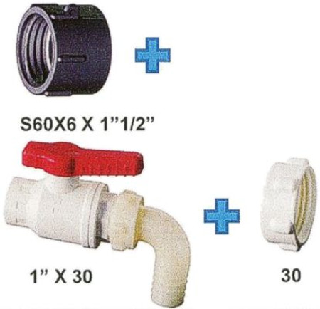 kit x cisterne: adattatore, riduzione,  valvola portagomma curvo,tappo  0101564 05z4m000